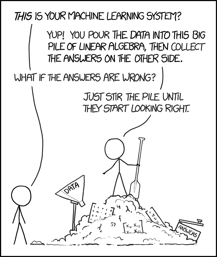 Man 1 stands above pile of 'data', matrices and such. Man 2: THIS is your machine learning system? Man 1: Yup! You pour the data into this big pile of linear algebra, then collect the answers on the other side. Man 2: What if the answers are wrong? Man 1: Just stir the pile until they start looking right.