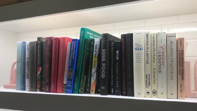 Larger view of the lending library, shored up on the ends by two pastel pink bookends, with subway style tile backing the shelf.